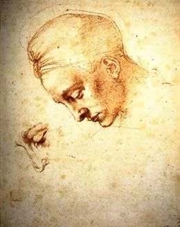 Açık renkli eski bir kağıt üzerinde, aşağı doğru düşünceli bir ifadeyle bakan bir kişinin başı, boynu ve kısmen görünen sol elini tasvir eden, kırmızı tebeşirle yapılmış bir eskiz; bu çizim, Michelangelo'nun kayıp eserleri ve Leda ve Kuğu gibi büyük çaplı projeleriyle ilgili olabilecek bir ön çalışma niteliğindedir.