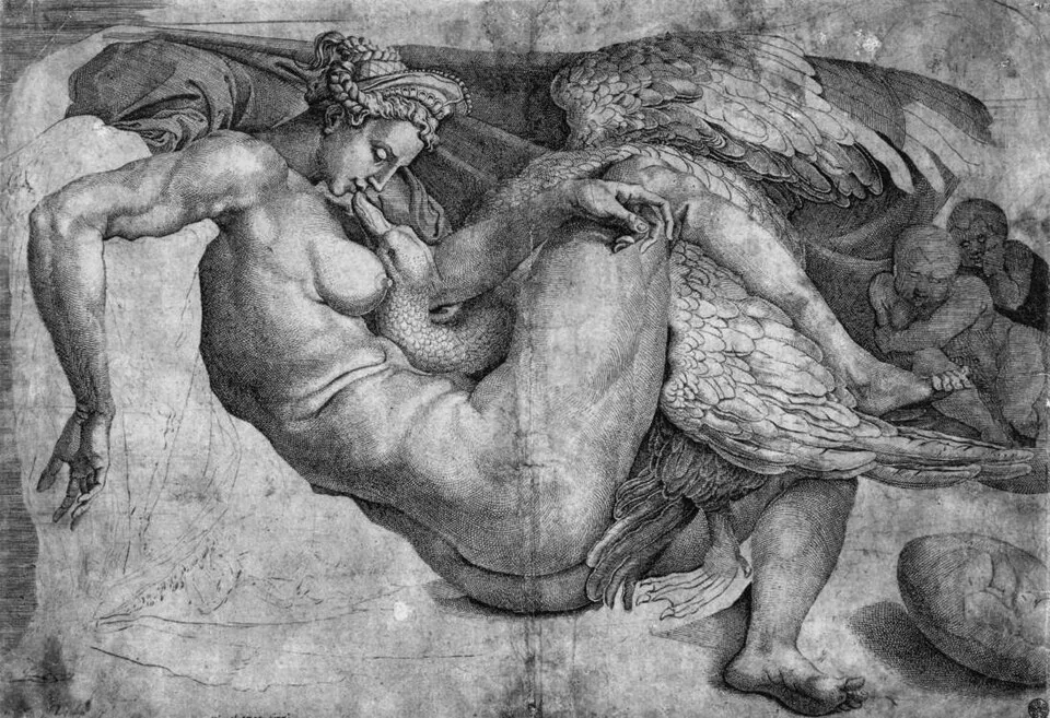 Michelangelo'nun kayıp eserlerinden biri olan bu siyah beyaz gravürde, Leda'nın bir kuğuyla iç içe uzanıp ona baktığı, arka planda ise iki çocuğun bir yumurtadan çıktığı ve yerde başka bir yumurtanın görüldüğü, detaylı bir Leda ve Kuğu mitolojik sahnesi tasvir edilmiştir.