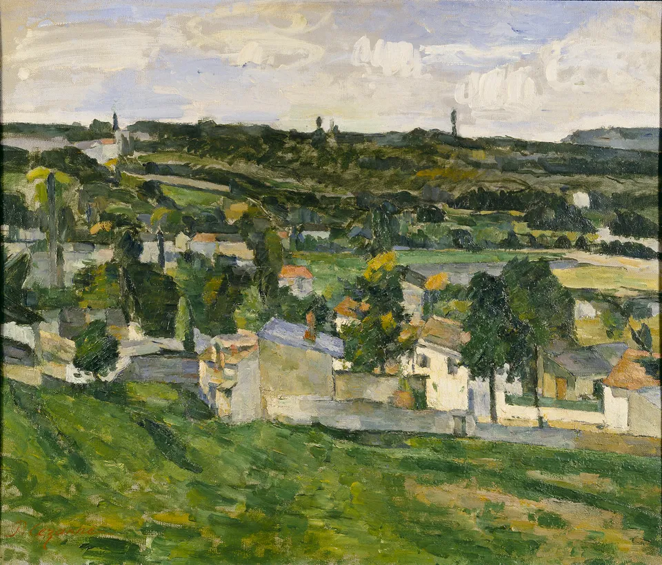 Bu önemli kayıp eserlerden biri olabilecek, Paul Cézanne'ın izlenimci fırça darbeleriyle işlediği Oise Manzarası tablosu, yemyeşil tepelerin ortasında, yoğun ağaçlarla bezeli, şirin bir köyün kuşbakışı doğal görünümünü sergiliyor.