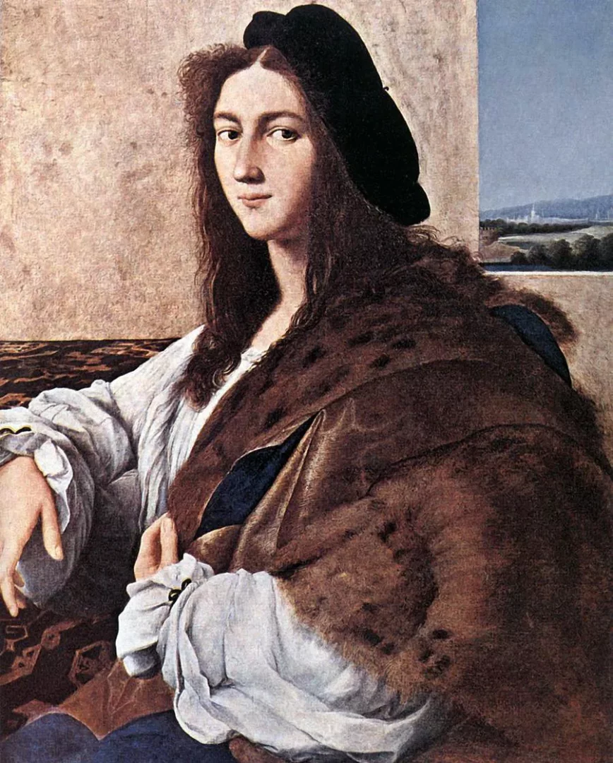 Raphael'in Kayıp Eserler koleksiyonuna ait olduğu düşünülen bu yağlı boya portrede, koyu renk uzun saçlı, siyah şapkalı, kürklü pelerinli genç bir adam doğrudan izleyiciye bakıyor; sağda uzakta tepeleri ve binaları olan pastoral bir manzara görünüyor.