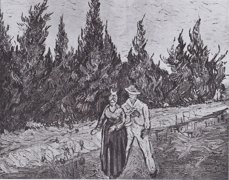 Van Gogh'un Kayıp Eserler serisine ait bu tabloda, kalın ve dokulu fırça darbeleriyle işlenmiş, uzun selvi ağaçları arasında kırsal bir yolda yan yana yürüyen, şapkalı bir erkek ile başında örtü olan bir kadın resmedilmiştir.