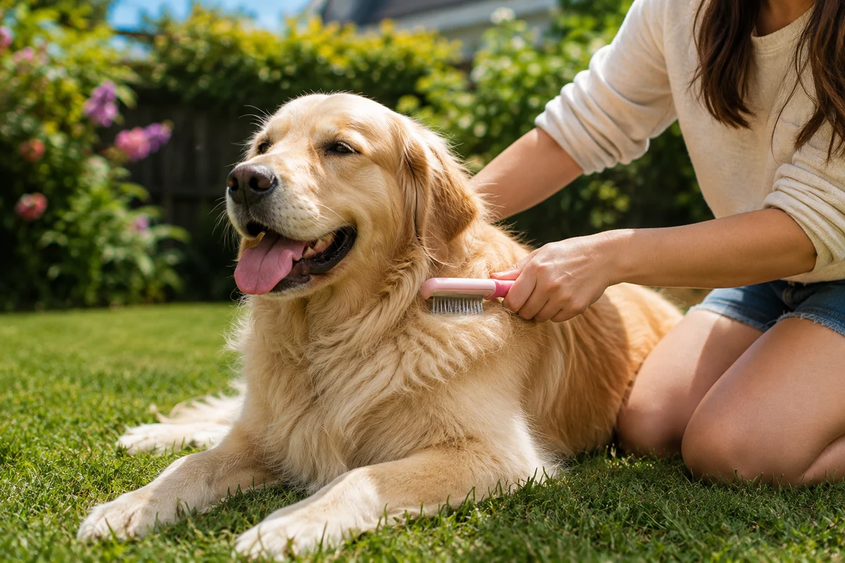 Güneşli bir bahçede, yeşil çimlerin üzerinde uzanmış mutlu bir Golden Retriever köpeğinin uzun ve parlak tüyleri, köpek tüy bakımı rutinini uygulayan sahibi tarafından pembe bir fırça ile özenle fırçalanıyor.