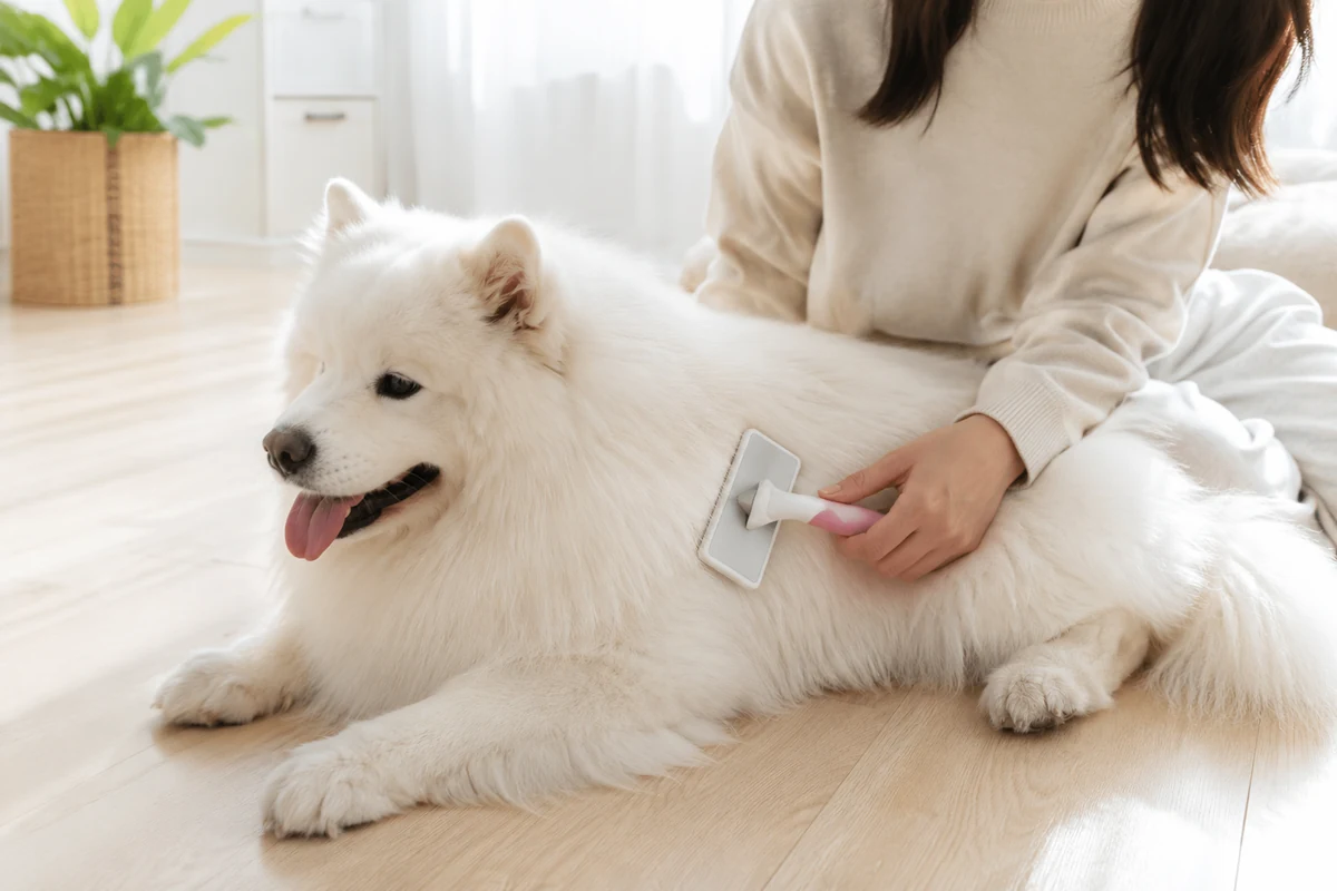 Açık renk ahşap zeminde rahatça uzanmış, kabarık beyaz tüylere sahip, dili hafifçe dışarıda büyük bir köpeğin sırtını nazikçe tarayan bir kişi, evcil hayvan tüy bakımı rutininde bu özenin önemini vurguluyor.