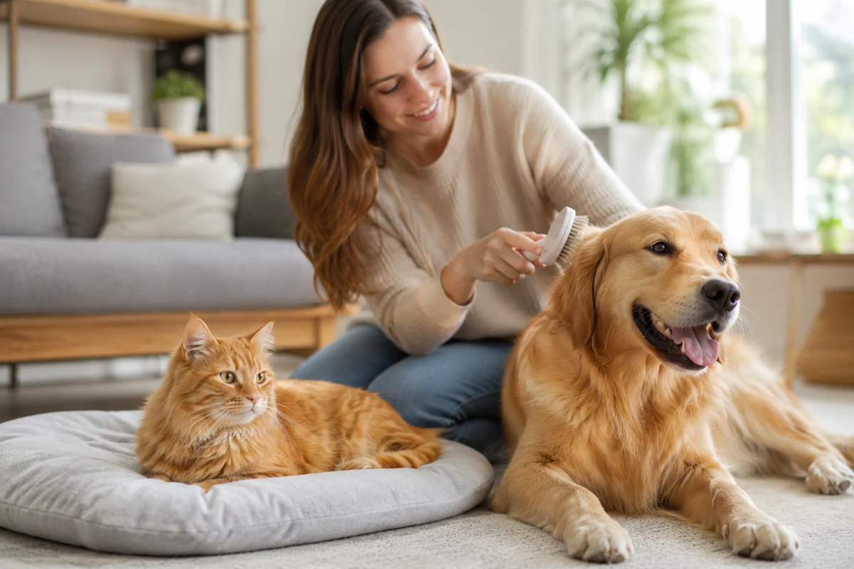 Evde, aydınlık bir odada diz çökmüş, gülümseyen bir kadın, uzun altın rengi tüylere sahip, ağzı açık ve mutlu görünen bir Golden Retriever köpeğinin tüy bakımı için fırçalarken, hemen yanında yumuşak gri bir minder üzerinde uzanan turuncu renkli uzun tüylü bir kedi sakin bir şekilde çevreyi izliyor; bu an, evcil hayvanların evde keyifli ve özenli tüy bakım rutinlerini vurguluyor.