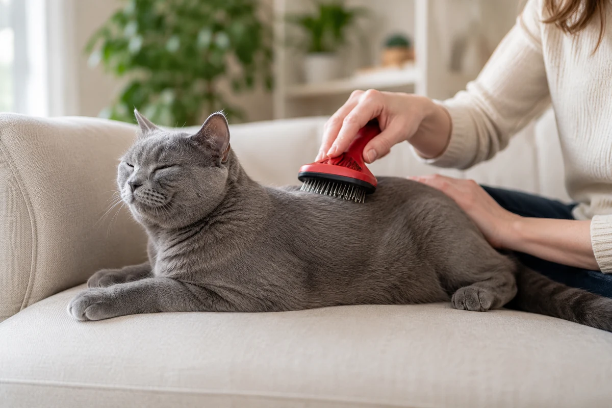Ev ortamında bej renkli bir koltukta uzanmış gri bir kedi, sahibi tarafından kırmızı saplı özel bir fırçayla tüyleri bakım yapılırken gözleri kapalı bir şekilde rahatlamış ve keyifli bir ifadeyle uzanıyor.