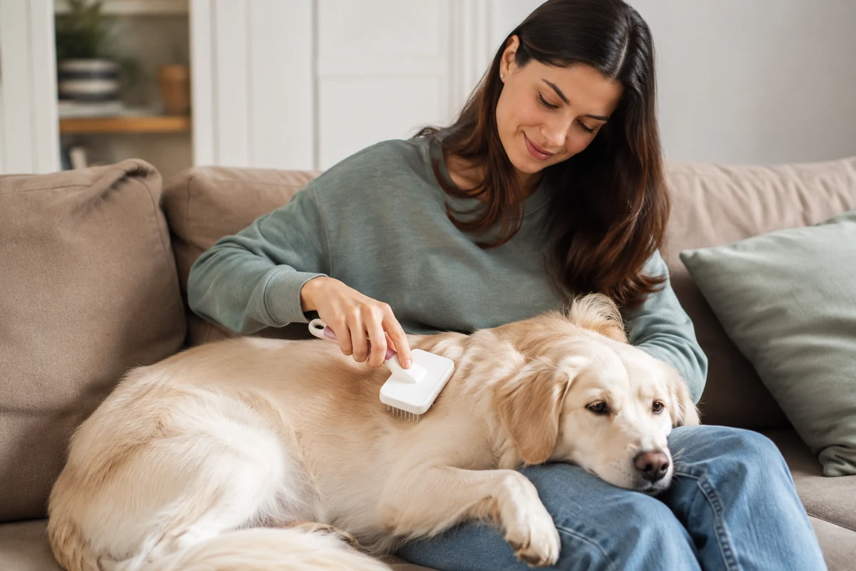 Genç, uzun saçlı bir kadın, bej rengi bir koltukta rahatça otururken, kucağındaki mutlu golden retriever cinsi köpeğinin altın rengi tüylerini beyaz bir fırça ile nazikçe tarayarak özenli bir tüy bakımı yapıyor.
