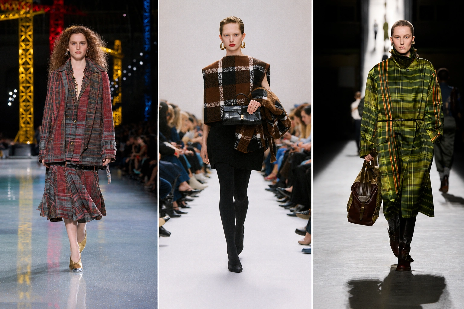 Podyumda yürüyen, her biri ekose desenli kıyafetler giyen üç model, kış moda trendlerinin öne çıkan parçalarını sergiliyor: soldaki model kırmızı tonlarında ekose ceket ve etekle, ortadaki model kahverengi ekose üst ve çantasıyla, sağdaki model ise yeşil ekose trençkotuyla dikkat çekiyor.