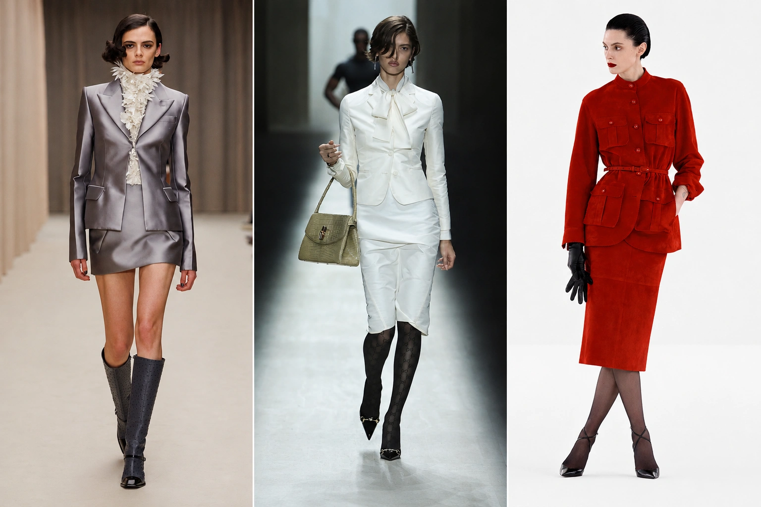 Bu kış moda trendlerini sergileyen görselde, solda fırfırlı beyaz bluzlu metalik gümüş etek ceket takım ve botlar giyen bir model, ortada fiyonklu krem etek ceket takım, timsah desenli çanta ve desenli çoraplarla yürüyor, sağda ise cepli kırmızı süet etek ceket takım, kemer ve siyah eldivenlerle şık bir model poz veriyor.