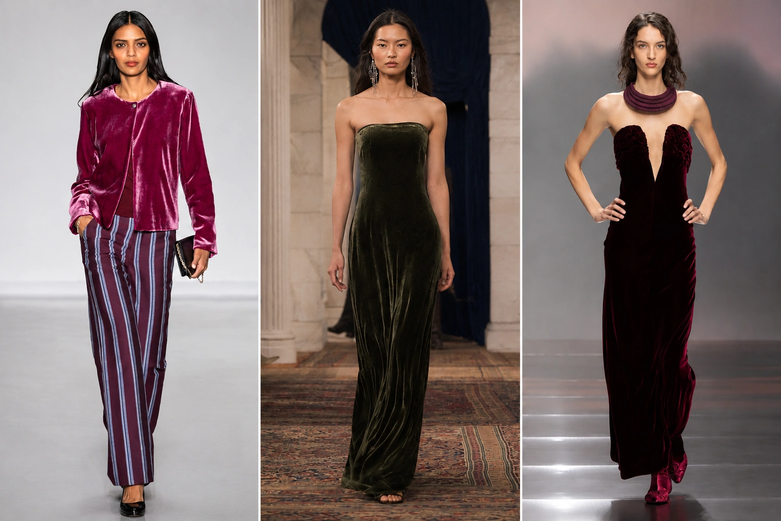Üç farklı model, podyumda kış moda trendleri arasında öne çıkan kadifenin şıklığını sergiliyor: soldaki mor kadife ceket ve çizgili pantolonla, ortadaki zeytin yeşili straplez uzun elbiseyle, sağdaki ise bordo straplez derin dekolteli elbisesi ve kalın gerdanlığıyla dikkat çekiyor.