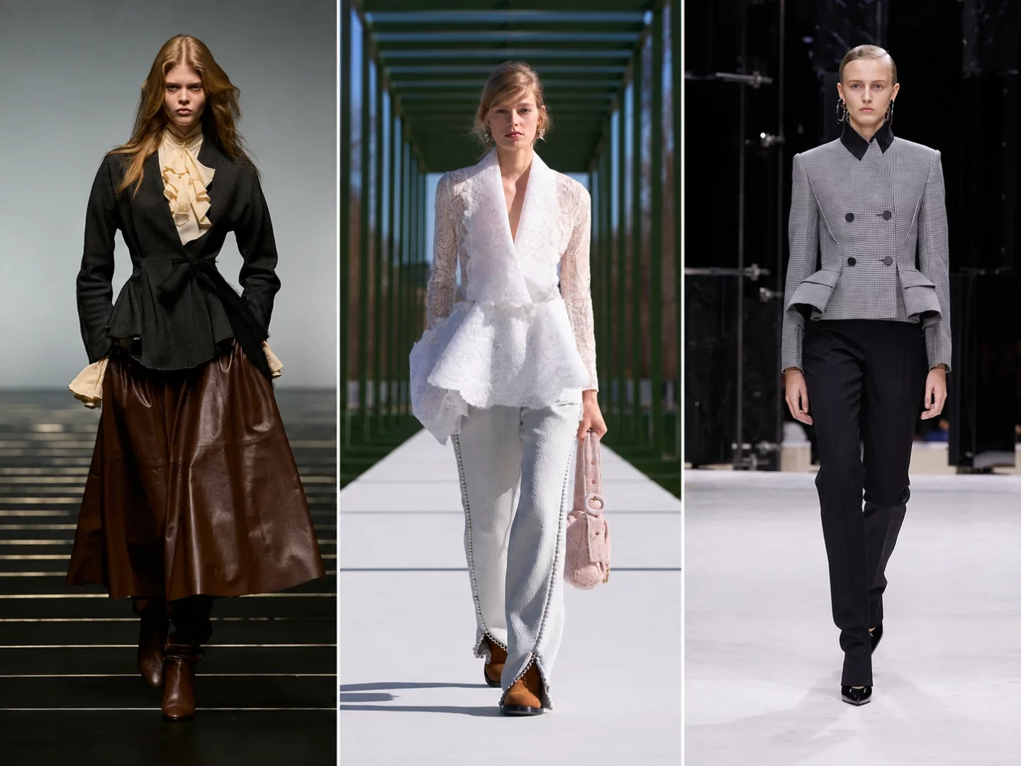 Kış moda trendlerine yön veren peplum detayının üç farklı yorumunu sunan görselde; solda kemerli koyu ceket ve kahverengi etek, ortada beyaz dantelli ve hacimli peplum detaylı üst ve bol paça pantolon, sağda ise ekoseli kruvaze ceket ve siyah pantolon giymiş mankenler podyumda yürüyor.