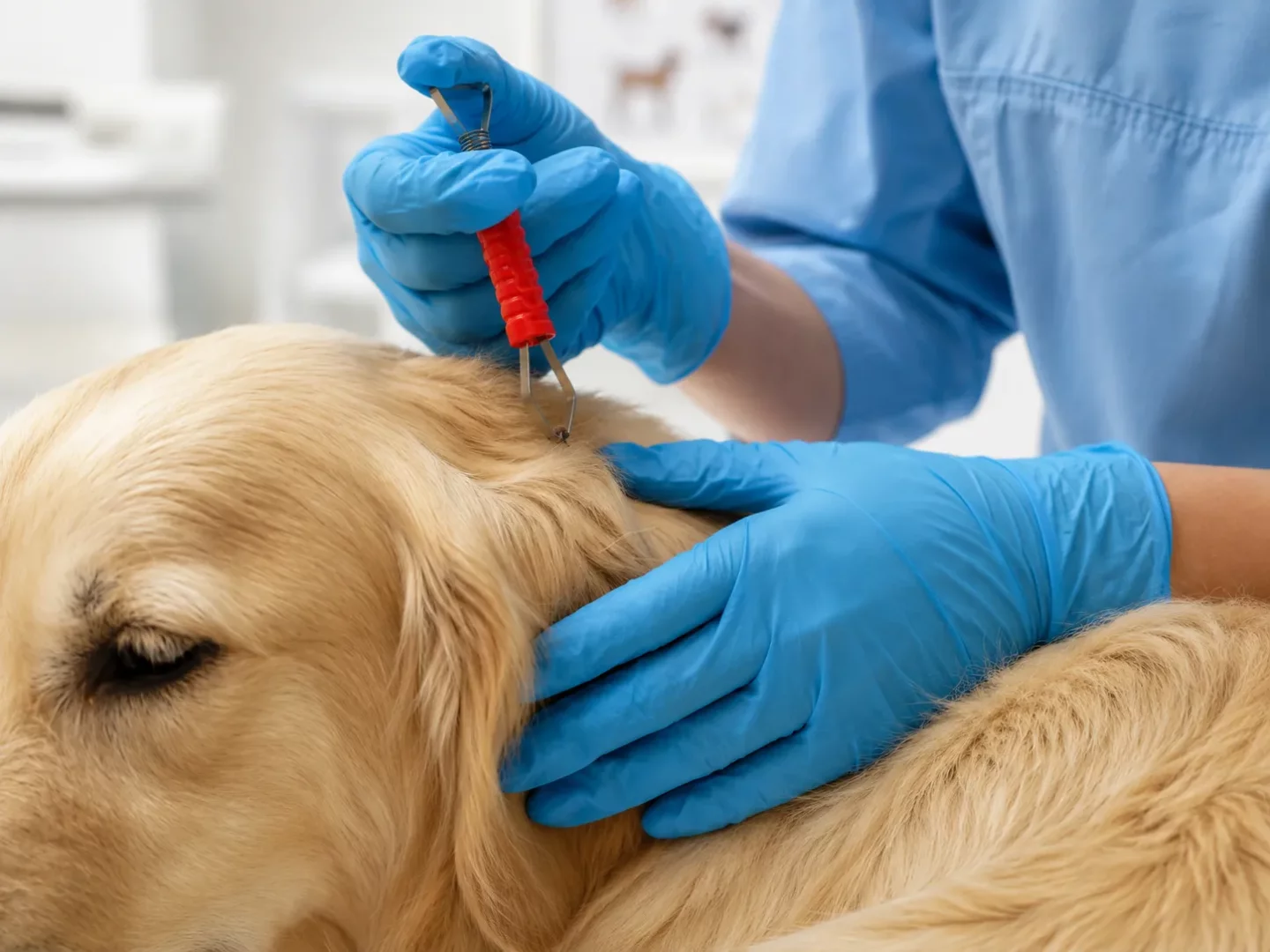 Mavi eldivenli bir veteriner hekim veya hayvan sahibi, uysal görünen açık renkli tüylü bir köpeğin kulağının yakınındaki deriye tutunmuş bir keneyi kırmızı saplı özel kene çıkarma aparatı kullanarak nazikçe ve güvenli biçimde çıkarırken, patili dostlarımızın sağlığı için pire ve keneye karşı korunma rehberinin önemli bir adımını gösteriyor.