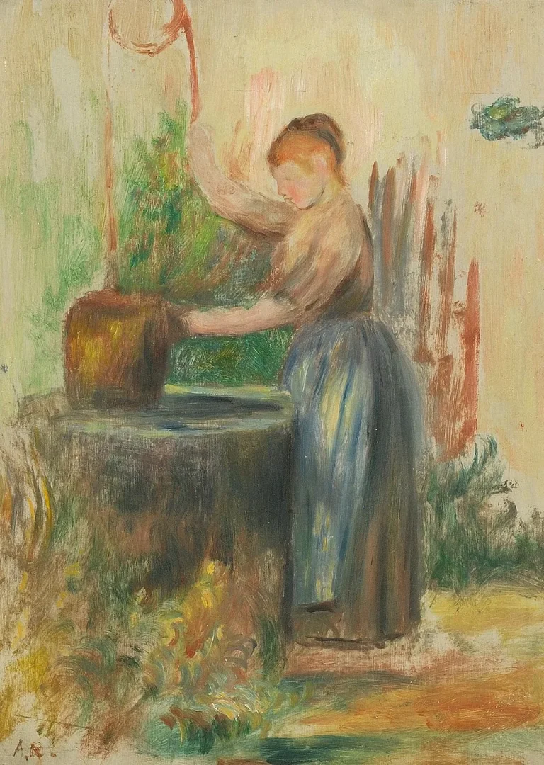 Renoir'ın empresyonist tarzda tuval üzerine yağlıboya tekniğiyle resmettiği bu tabloda, kuyu başında su çekmeye hazırlanan, açık kahverengi bluzlu, uzun mavi etekli genç bir kadın, çevresindeki yemyeşil bitki örtüsüyle birlikte betimleniyor.