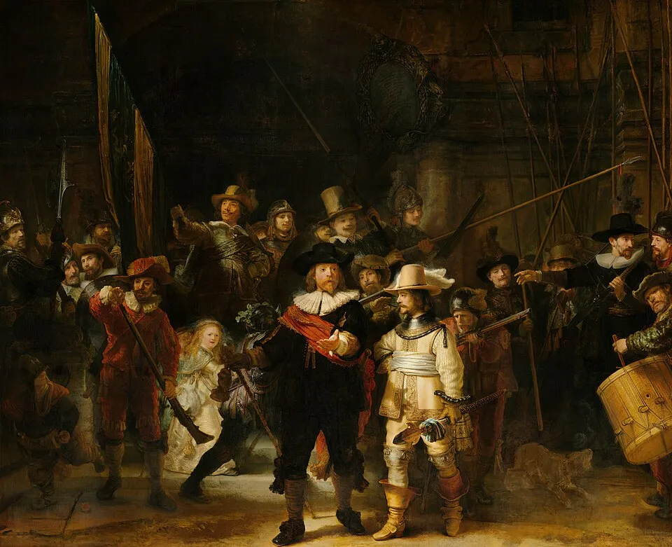 Rembrandt van Rijn'in Gece Devriyesi adlı bu ikonik yağlı boya tablosu, karanlık bir fonda miğferli, tüfekli ve mızraklı bir grup milis askeri ile önde belirgin iki subayın, hareketli bir kompozisyonla devriye gezmek üzere toplandığı anı canlı bir şekilde tasvir etmektedir.