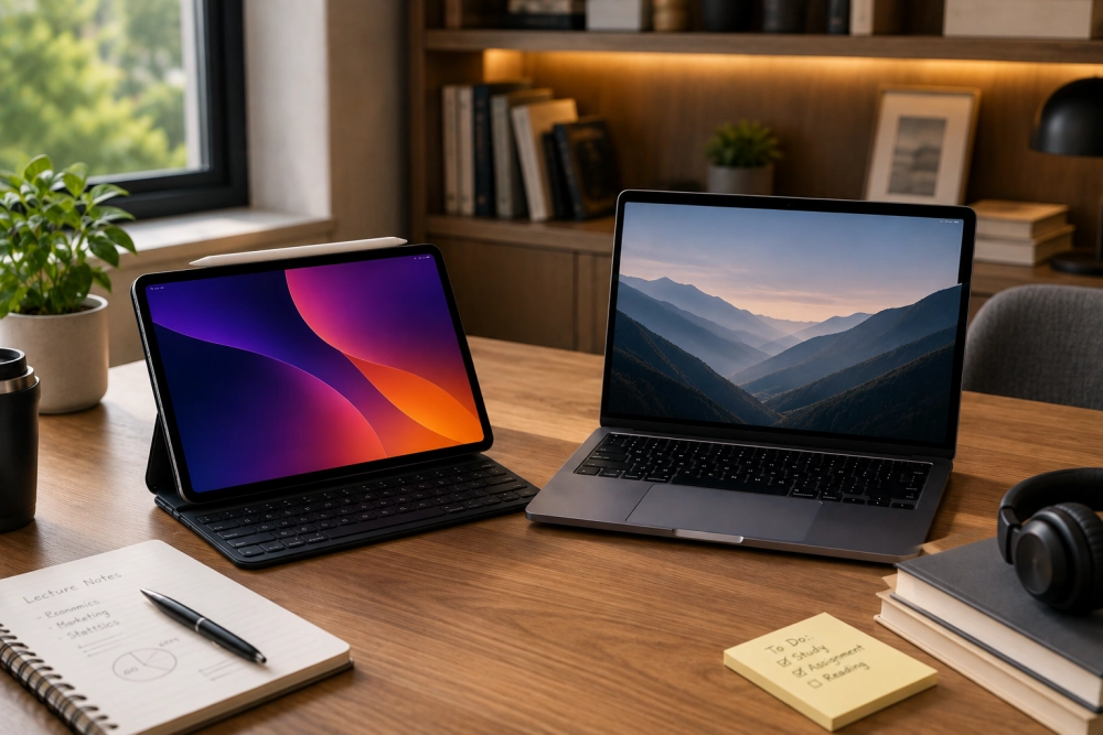 Geniş bir ahşap çalışma masasında, açık renkli bir pencerenin ve kitaplığın önünde duran, ekranında soyut dalgalı bir resim olan klavyeli bir tablet ve dağ manzaralı ekrana sahip bir dizüstü bilgisayar, farklı cihazların karşılaştırılması için modern bir çalışma ortamını gözler önüne seriyor.
