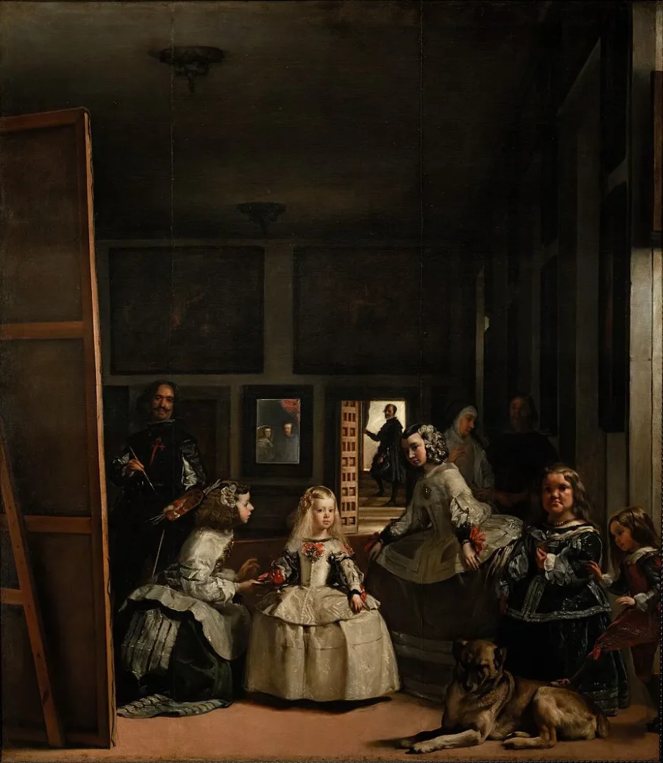 Diego Velázquez'in Las Meninas tablosu, loş bir odada merkezde duran genç prenses Infanta Margarita Teresa'yı, etrafındaki nedimeleri, iki cücesi, yerde yatan bir köpek ve sol tarafta büyük bir tuvalin başında fırçasıyla resim yapan sanatçı Velázquez'i detaylı bir şekilde betimler.