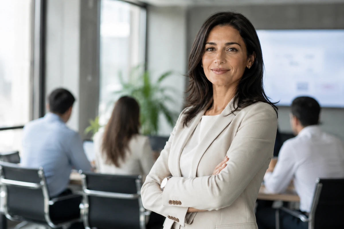 Arka planda ekibinin çalıştığı modern bir ofis ortamında, kameraya güven veren bir ifadeyle bakan, bej ceketi ve kolları çapraz duruşuyla kadın yönetici.