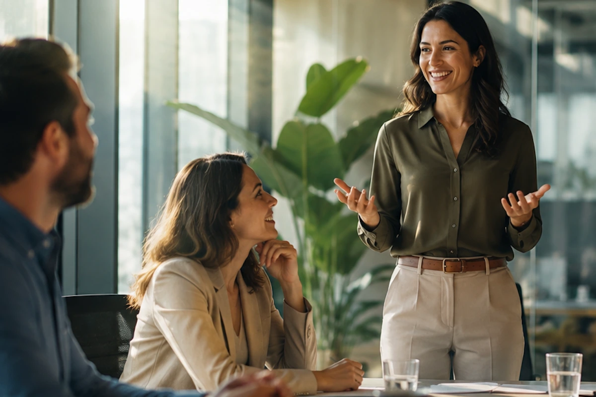 Modern ve aydınlık bir ofis ortamında gerçekleşen bir toplantıda, ilham veren bir iletişim örneği sergileyen ve liderlik özellikleriyle öne çıkan bir kadın, gülümseyerek ve etkileyici el hareketleriyle konuşurken, dinleyicileri dikkatle onu dinliyor.
