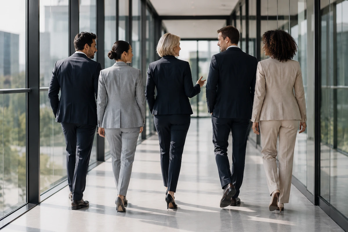 Modern bir ofis koridorunda, dışarıdaki yeşillikleri gösteren cam pencereler boyunca ilerleyen, takım elbiseli beş profesyonel, aralarında konuşarak birlikte yürüyor; bu görüntü, liderlik özellikleri ve vizyoner bir ekibin ortak hedeflere doğru kararlılıkla ilerleyişini yansıtıyor.