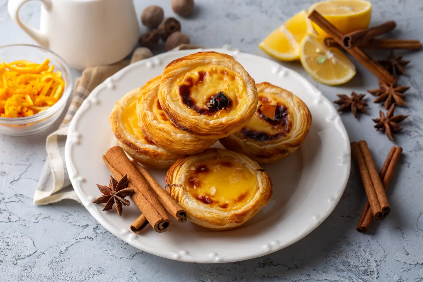Beş adet çıtır hamurlu, üstü hafifçe karamelize olmuş sarı krema dolgulu Portekiz'in meşhur Lizbon pastası, yani Pastel de Nata, beyaz bir tabakta iştah açıcı bir şekilde dururken, etrafında tarçın çubukları, yıldız anasonlar, dilimlenmiş limonlar ve küçük bir kasede rendelenmiş portakal kabukları masanın üzerini süslüyor.