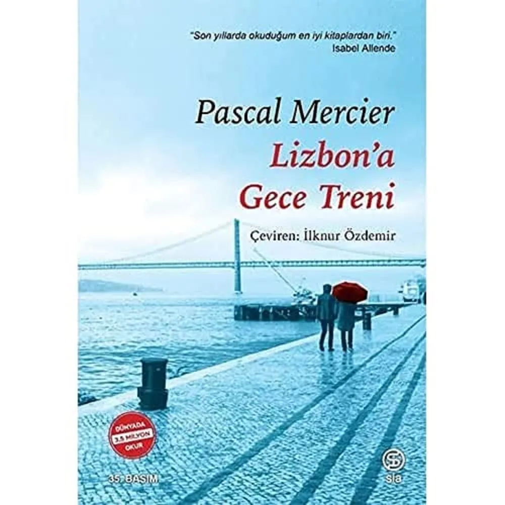 Pascal Mercier'in Lizbon'a Gece Treni romanının kapağında, yağmurlu havada ıslanmış gibi görünen, hafif mavi tonlarda bir iskelede kırmızı bir şemsiye taşıyan iki figür ve uzakta modern bir köprü yer alırken, kapakta ayrıca yazarın adı ve 3.5 milyon okur ibaresi de okunabiliyor.