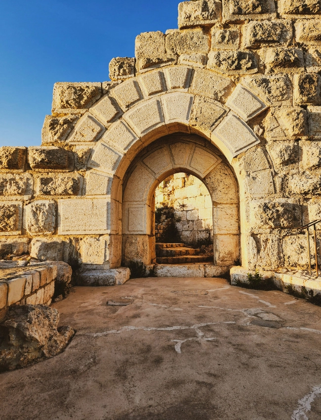 Lübnan'ın UNESCO Dünya Mirası Listesi'ne yeni eklenen Amel Dağı Kaleleri'nden birine ait, öğleden sonra güneşinin vurduğu, sağlam taşlardan örülmüş bir kemerin içerisinden yükselen tarihi basamakları gösteren bu görüntü, bölgesel savunma mimarisinin bin yıllık sentezini sergiliyor.