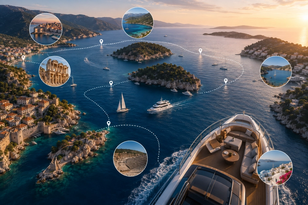 Lüks cruise gemilerinin yata dönüşmesi trendini vurgulayan bu havadan çekim, güvertesinde oturma alanları bulunan zarif bir yatın, Akdeniz'in berrak sularında adalar ve kıyı şehirleri arasında belirginleşen özel rotaları takip ettiğini, çeşitli tarihi ve doğal güzellikleri gösteren dairesel planlarla desteklendiğini gözler önüne seriyor.