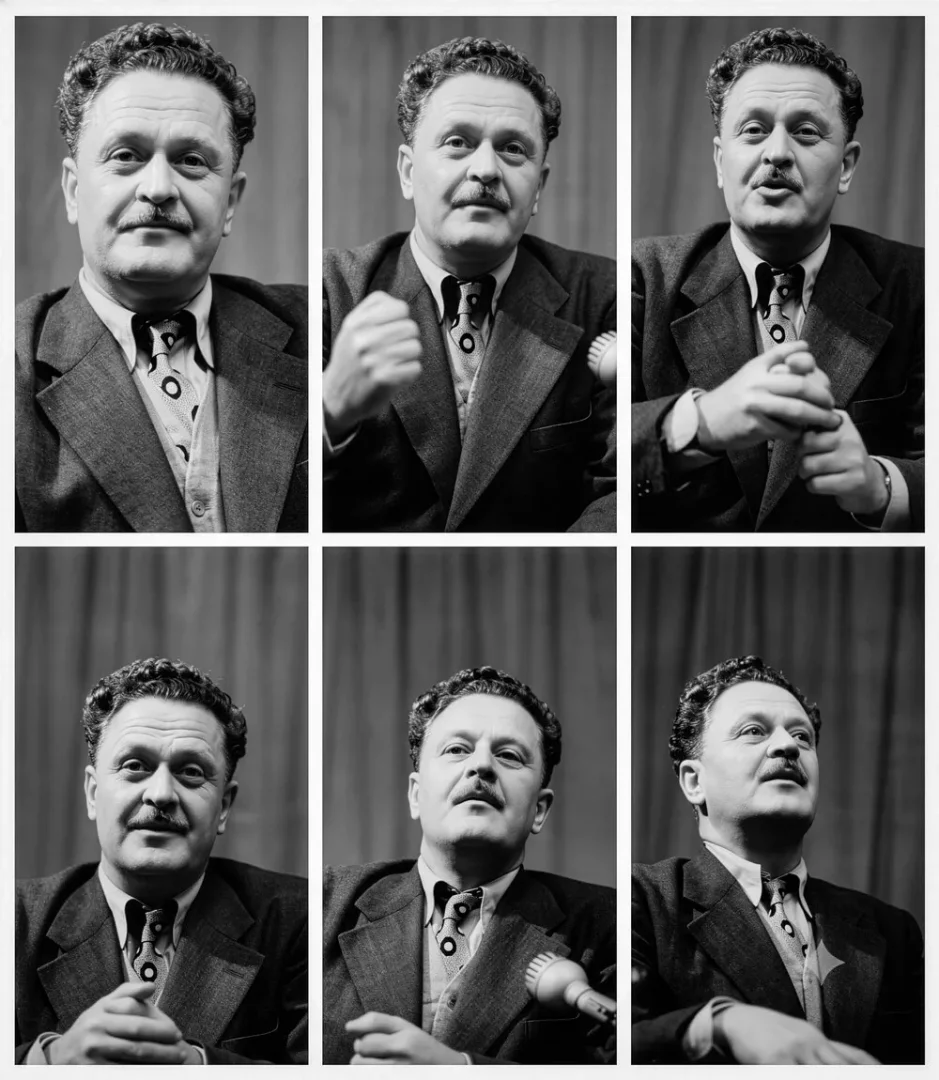 Nâzım Hikmet'in siyah beyaz altılı fotoğrafında, takım elbisesi ve desenli kravatıyla çeşitli anlarda konuşurken veya jestler yaparken çekilmiş, bazı karelerde önünde mikrofon görünen, canlı ve düşünceli ifadeleriyle bir araya getirilmiş portreleri yer almaktadır.