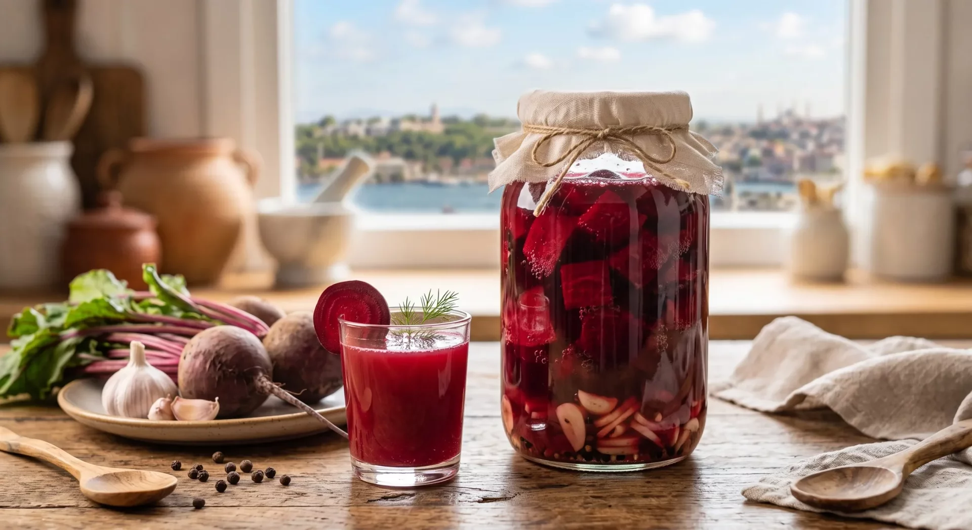 Parlak gün ışığı alan bir mutfakta, pencereden şehir manzarası eşliğinde, ahşap bir masa üzerinde dilimlenmiş pancarlar ve sarımsaklarla dolu büyük bir cam kavanoz pancar kvass, yanında bir dilim pancar ve dereotuyla süslenmiş taze pancar kvass içeceği bardağı bulunuyor. Tabağın üzerinde yapraklı taze pancarlar ve baş sarımsaklar da masayı zenginleştiriyor.