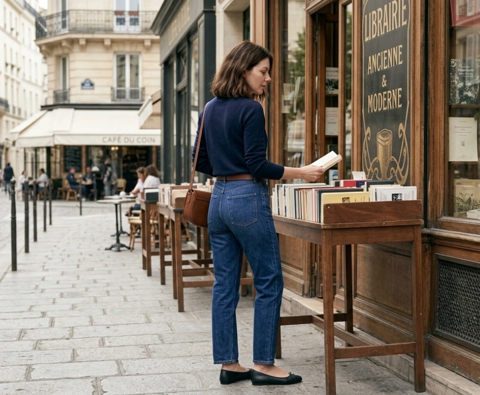 Bir kadın, dar paça mavi Parizyen jean pantolonu, lacivert bluzu ve siyah babetleriyle, Paris'te eski bir kitapçının dış rafında sergilenen kitaplara bakıyor; arka planda kaldırımda oturanların olduğu bir kafe ve tipik Paris binaları görülüyor.