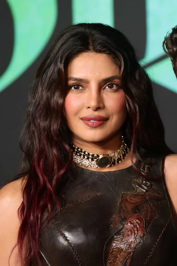 Priyanka Chopra, uçlarında bordo yansımalı koyu dalgalı saçları, göz alıcı işlemeli deri bir üstü ve detaylı taşlı gerdanlığıyla kameraya gülümseyerek bakıyor.