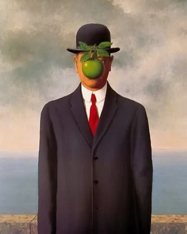 Rene Magritte'in ikonik Adamin Oglu tablosu, yüzü yeşil bir elma ve yapraklarla gizlenmiş, lacivert takım elbise, beyaz gömlek ve kırmızı kravat giyen melon şapkalı bir adamı, arkasında bulutlu gökyüzü ve denizin olduğu bir duvarın önünde betimliyor.
