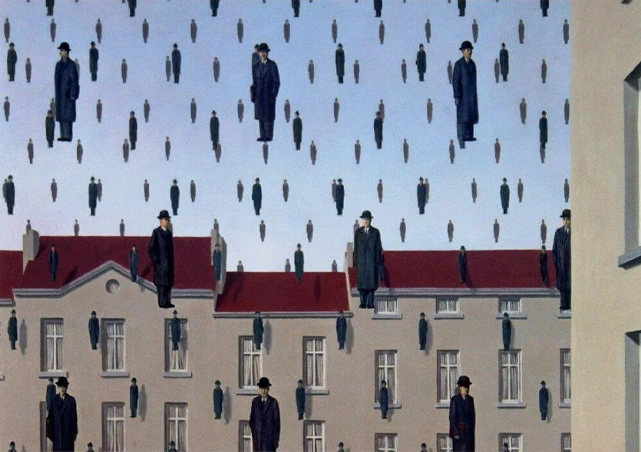 René Magritte'in Golconda adlı sürrealist yağlı boya tablosunda, takım elbiseli ve melon şapkalı sayısız erkek figürü, bir şehrin çatılarının ve pencerelerinin üzerinde, gri binaların ve kırmızı kiremitli çatıların fonunda gökyüzünde adeta yağmur damlaları gibi havada asılı duruyor.