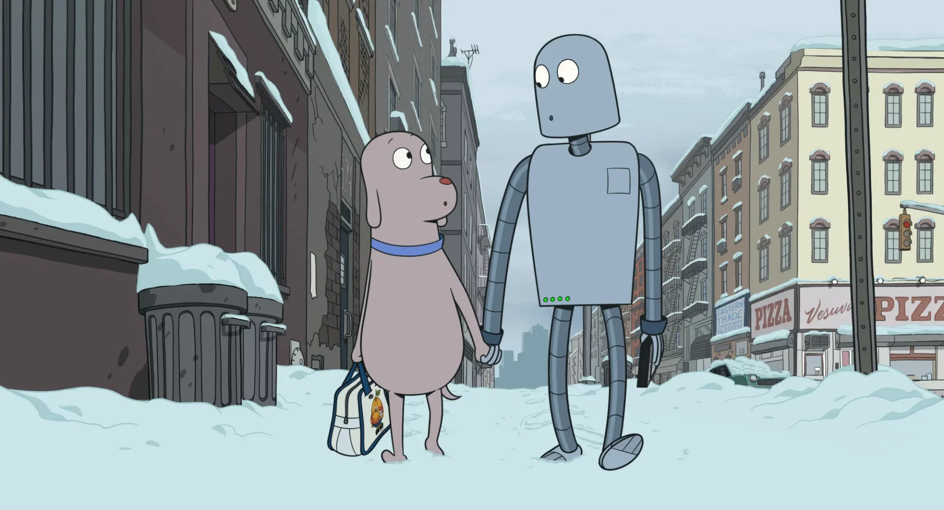 OGGUSTO'da sinema yazarı Burak Göral'ın film önerileri arasında yer alabilecek, karlı bir şehir sokağında el ele yürüyen, gri insansı bir robot ve tasmalı kahverengi bir köpeği gösteren bu animasyonlu görüntü, robot düşleri temalı filmlerdeki derin dostlukları gözler önüne seriyor.