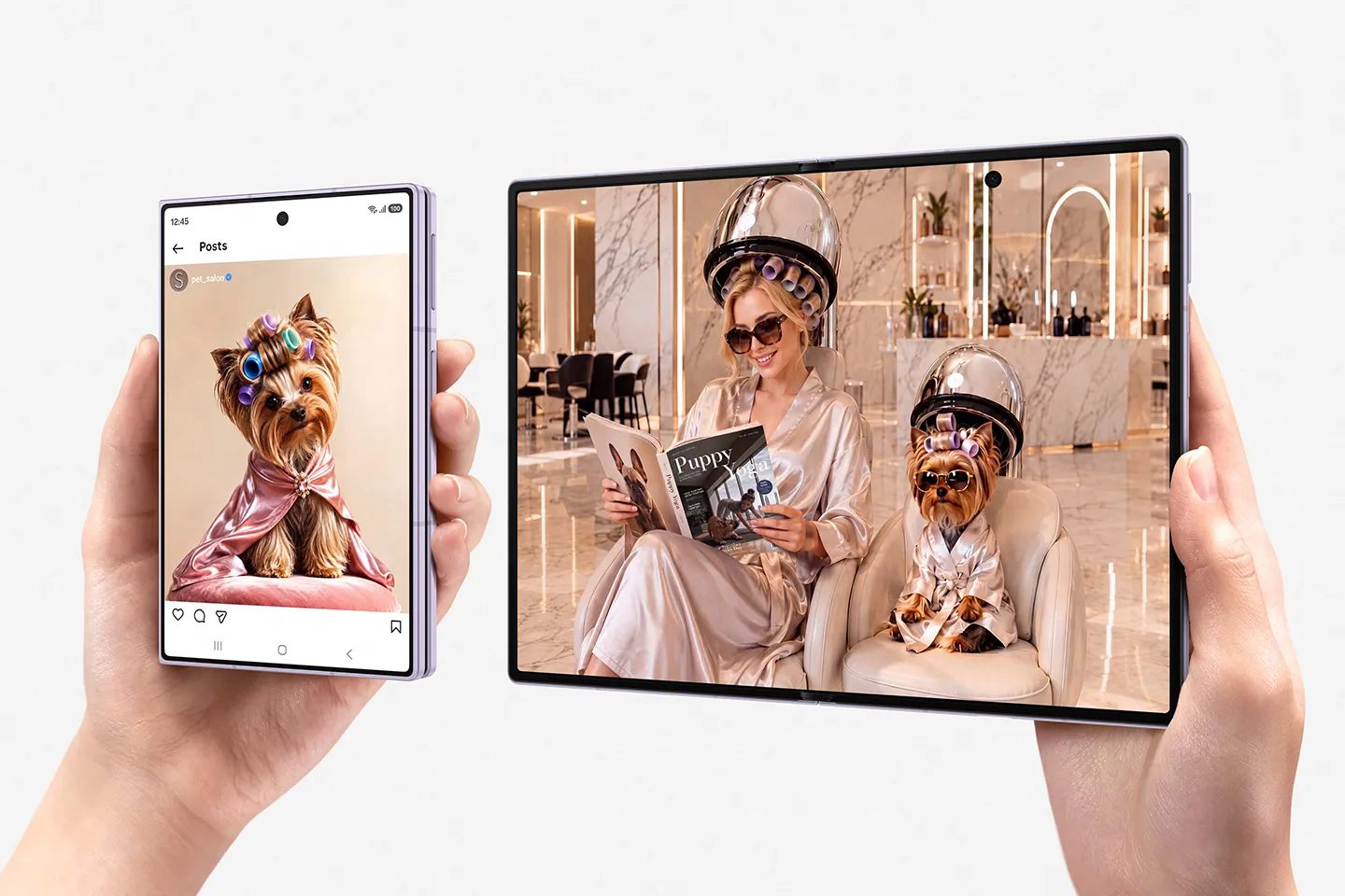 Samsung Galaxy Z Fold telefonun, sol elde katlanmış dikey ekranında pembe pelerinli ve saç bigudili bir Yorkshire Terrier'ın sosyal medya gönderisi, sağ elde açılmış yatay ekranında ise lüks bir kuaförde saç kurutma makinesi altında bornozlu ve bigudili bir kadınla köpeğin rahatladığı anlar belirgin bir şekilde sergileniyor.