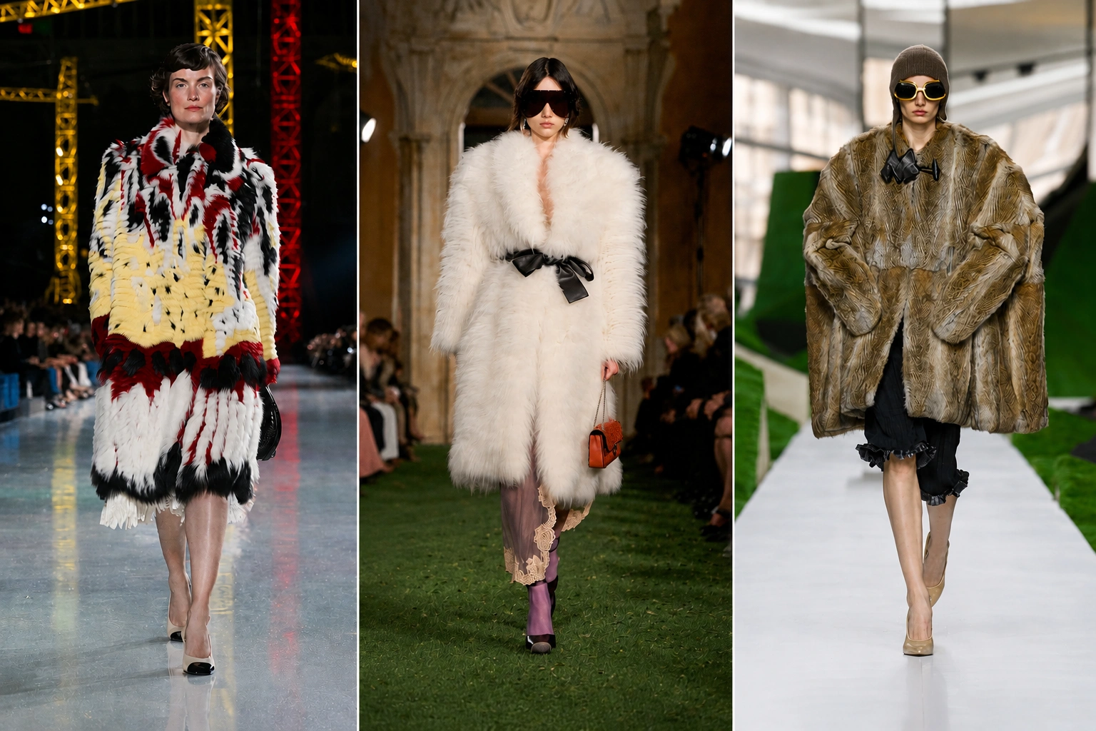 Podyumda yürüyen, sırasıyla renkli parçalı, beyaz kuşaklı ve hacimli kahverengi olmak üzere üç farklı tasarım kürk palto giyen modeller, sonbahar-kış moda trendleri arasında yer alan kürklerin çeşitliliğini sergiliyor.
