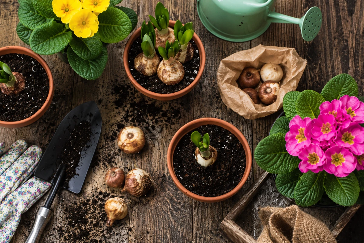 Ahşap bir masa üzerinde sarı ve pembe primula saksıları, saksılara ekilmiş ve yeni filizlenmiş soğanlı çiçekler, kağıt torbada ve masaya dağılmış halde bekleyen ekime hazır birçok soğanlı çiçek, bir bahçe küreği, eldiven ve sulama kabı görülüyor, sonbaharda ekilecek çiçekler için bir hazırlık sahnesi.