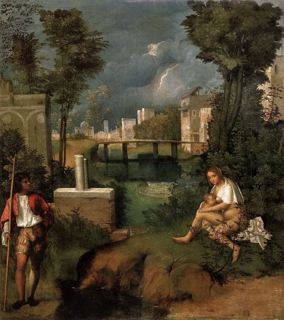 Giorgione'nin Fırtına tablosunda, solda sopalı bir adam, sağda ise yarı çıplak bir kadının bebeğini emzirdiği, arka planda köprü ve şehir manzarasıyla fırtınalı gökyüzünde bir şimşek çakan dramatik bir sahne betimleniyor.