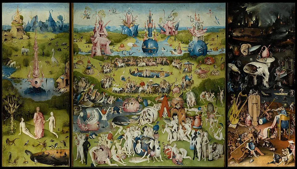 Hieronymus Bosch'un üç ana panelden oluşan Dünyevi Zevkler Bahçesi tablosu, sol tarafta Adem ve Havva'nın cennette yaratılışını, ortada çıplak insanların ve fantastik hayvanların doğal ortamda çeşitli zevkler içinde yaşadığı kalabalık bir sahneyi ve sağda karanlık, kaotik bir cehennem azabını detaylı bir şekilde gözler önüne seriyor.