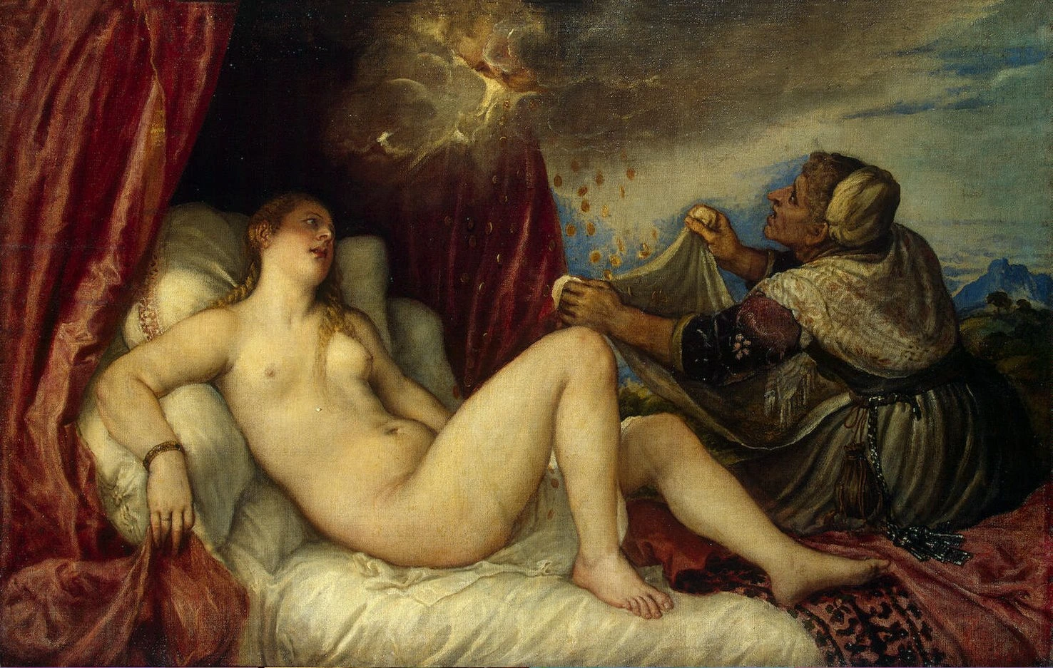 Tiziano’nun Danae tablosu, Hermitage Müzesi'nin önemli eserlerinden biri olarak, uzanmış çıplak Danae’nin üzerine tanrı Zeus’un altın yağmuru biçiminde yağdığı anı ve yaşlı hizmetçisinin düşen paraları bir bezle toplamasını mitolojik bir anlatımla gözler önüne seriyor.