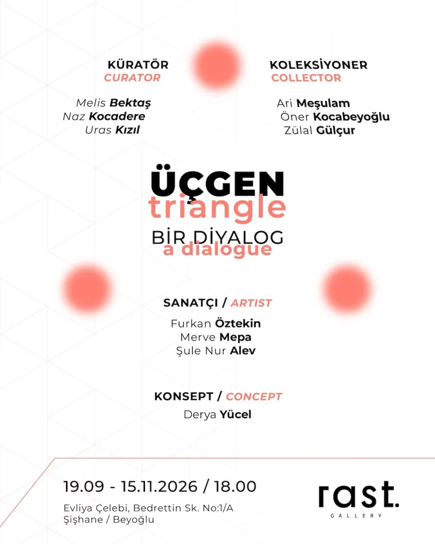 Beyaz arka plan üzerinde, siyah ve mercan kırmızısı renklerde ÜÇGEN triangle ve BİR DİYALOG a dialogue başlıklarını taşıyan, 19 Eylül - 15 Kasım 2026 tarihleri arasında Rast Gallery'de gerçekleşecek bir serginin afişi; küratörleri, koleksiyonerleri, sanatçıları ve konsept tasarımcısını detaylı olarak sıralıyor.