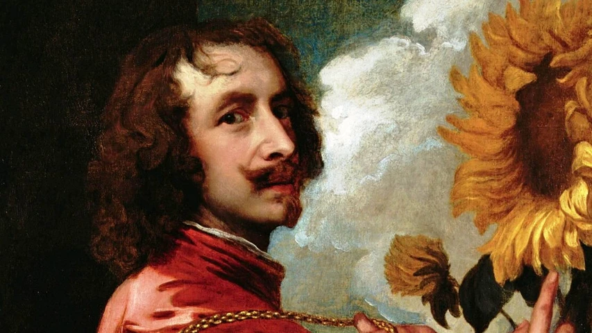 Van Dyck sakalı olarak bilinen belirgin bıyık ve çene sakalına sahip, kırmızı giysili ve omuzlarına dökülen kıvırcık kahverengi saçlı ressam Anthony van Dyck'in kendisini bir ayçiçeği ve bulutlu bir fon önünde tasvir ettiği bu detaylı yağlıboya portresi, sanatçının imzası niteliğindeki yüz ifadesini ve altın zincirini gözler önüne seriyor.