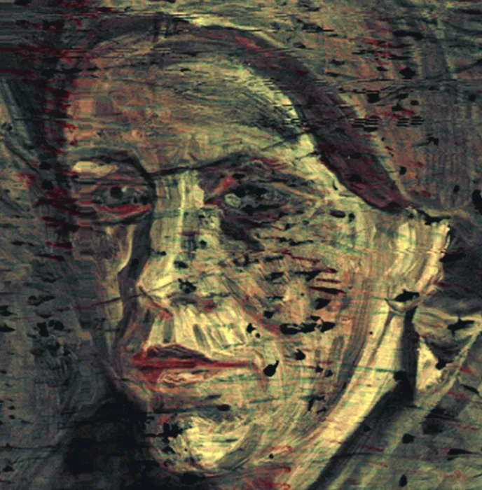 Neunen döneminden kalma bir Van Gogh eserine benzeyen bu dijitalleştirilmiş portre resminde, kalın fırça darbeleri ve yeşilimsi toprak tonları ile çizilmiş düşünceli bir yüz, kırmızı vurgular ve dağılmış koyu lekelerle yıpranmış bir dokuya sahip.