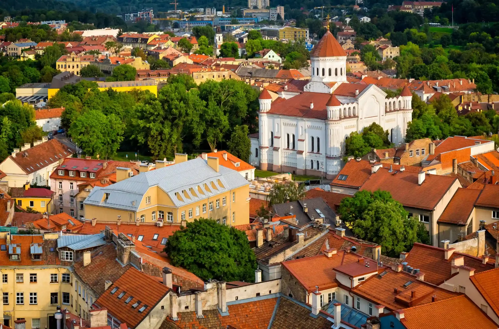 Vilnius şehir merkezinin kuşbakışı görünümünde, beyaz duvarlı ve kırmızı kiremitli kubbeli büyük bir kilise, etrafını saran yemyeşil ağaçlar ve pastel tonlarda boyanmış, kendine özgü kırmızı çatılara sahip çok sayıda tarihi bina arasında pitoresk bir manzara oluşturuyor.