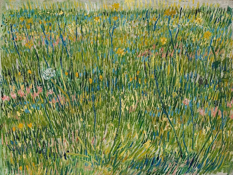 Vincent Van Gogh'un bir çimenlik alanı tasvir eden bu tablosu, uzun, canlı yeşil otların arasına serpiştirilmiş sarı, pembe ve mavi tonlarda kır çiçekleri ile dolu yemyeşil bir tarlayı ve merkezde belirgin bir beyaz karahindiba tohumunu resmediyor.