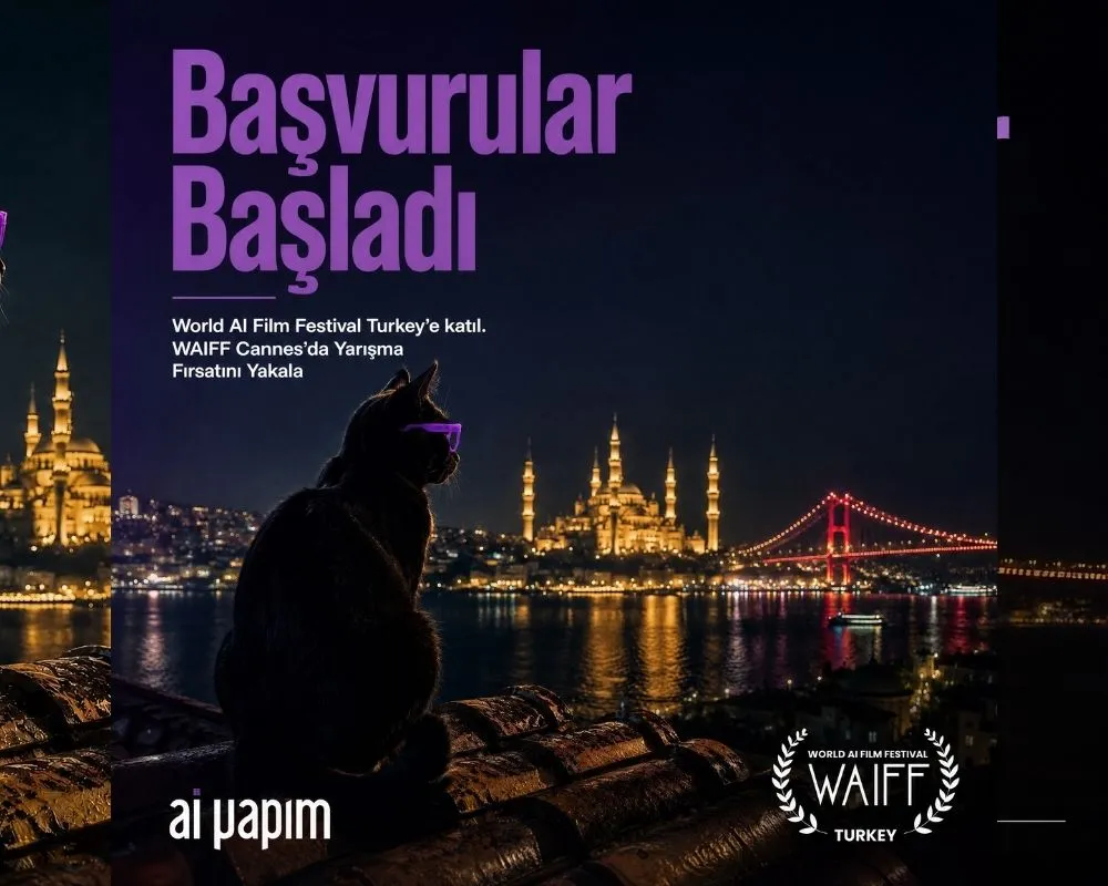 Geceleyin ışıklandırılmış Ayasofya ve Boğaziçi Köprüsü'nün yer aldığı İstanbul siluetine bakan, mor renkli fütüristik gözlükler takan bir kedi, World AI Film Festival Türkiye ayağı WAIFF Turkey kapsamındaki yapay zekâ destekli sinema üretimleri yarışması için başvuruların başladığını duyuran afişte yer alıyor.
