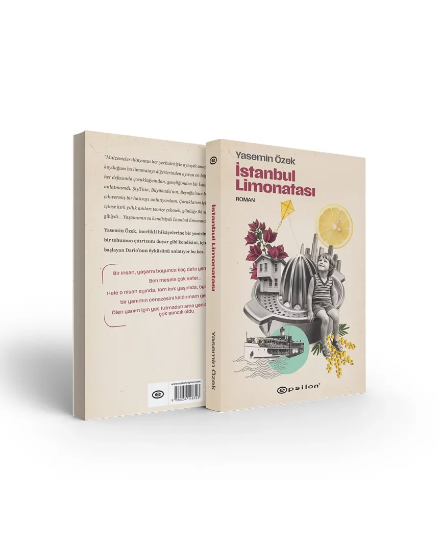 Yasemin Özek'in İstanbul Limonatası adlı romanının kapağında, nostaljik bir kolaj illüstrasyonuyla, büyük bir narenciye sıkacağının üzerinde oturan bir çocuk, gökyüzünde süzülen bir uçurtma, arka planda bir vapur ve İstanbul'un sembolik yapılarını yansıtan detaylar yer alıyor; bu görsel düzenleme kitabın çocukluk anılarına ve İstanbul temasına gönderme yapmaktadır.