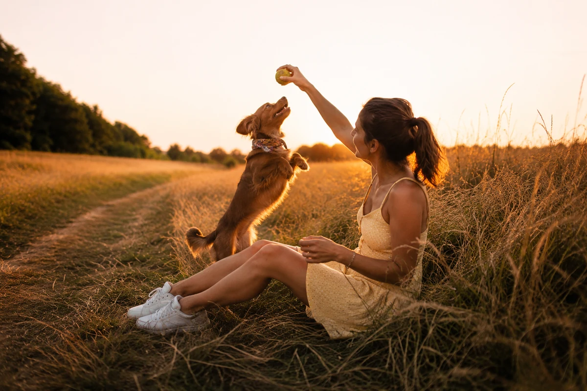 Gün batımının altın rengi ışığında, sarı elbiseli genç bir kadın, otların arasında oturmuş, havaya zıplayan kahverengi köpeğiyle bir top fırlatarak neşeyle açık havada oyun oynuyor.