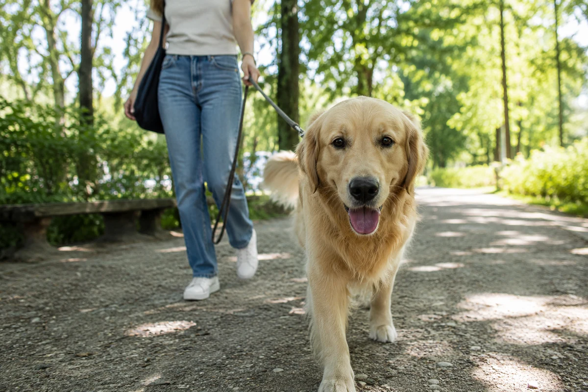 Güneşli bir parkta tasmayla yürüyen parlak tüylü bir golden retriever köpeği, dili hafifçe dışarıda, çakıllı bir yolda sahibinin eşliğinde neşeyle ilerliyor.
