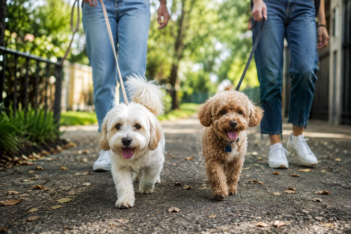 Yaz aylarında pati bakımı önem kazanan, tasmalı iki neşeli köpeğin güneşli bir günde sahipleriyle kaldırımda keyifle yürüdüğü bu an, dışarıdaki aktiviteler sırasında patilere gösterilmesi gereken özeni vurguluyor.