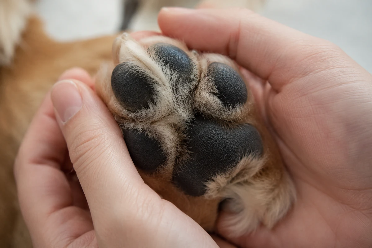 İki insan elinin nazikçe tuttuğu, kahverengi tüyleri ve belirgin siyah yastıkları olan bir köpek patisinin yakın çekim görüntüsü, yaz aylarında köpeklerde pati bakımı ve pati kontrolünün ne kadar önemli olduğunu vurguluyor.